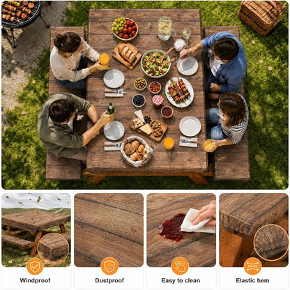 Emwwat Picnic Table Cover with Bench Covers, Waterproof Elastic Corner Fitted Tablecloth for 6 Foot Rectangle Tables, Washable Camping Table Cover Set for Picnic Outdoor BBQ (Brown, 72in)