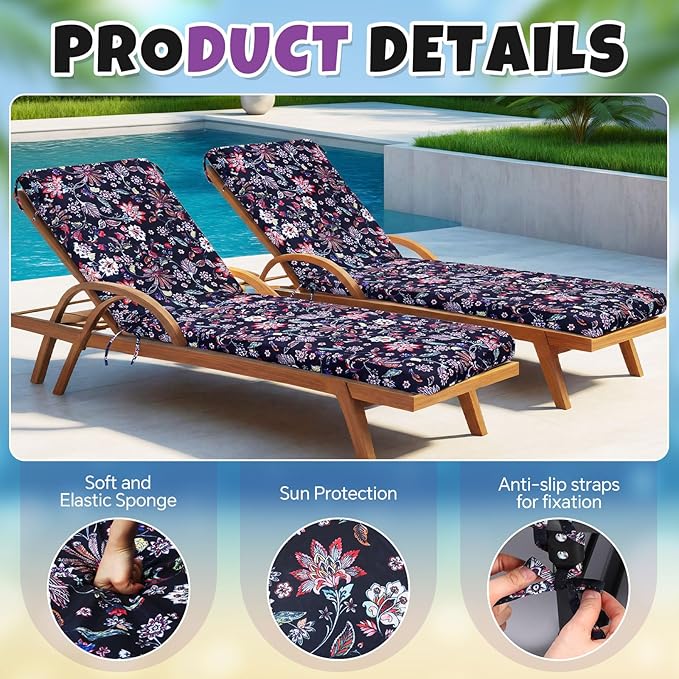 Youyole Outdoor Chaise Lounge Cushions Set of 2, 72 x 21 x 3 Inch Water-Resistant Fade-Resistant Floral Patio Lounge Chair Pads with Ties, Foam Recliner Replacement for Pool Deck