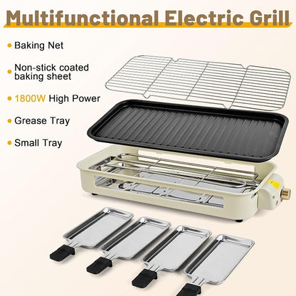 Pukomc Electric Indoor Grill,2 in 1 Indoor Grills for Kitchen | Grill Net & Non-Stick Cooking Removable Plate, Temperature Control, Dishwasher Safe, 1800W Large Smokeless