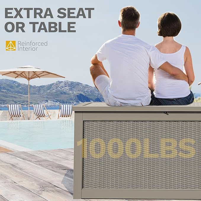 DWVO 320 Gallon Resin Outdoor Storage Box, XXL Large Waterproof Deck Box, Doubles as Table or Seating with 1000 lbs Capacity, Lockable (Brown)
