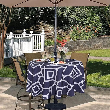 LUSHVIDA Moroccan Outdoor Round Tablecloth with Umbrella Hole and Zipper, 60 Inch Navy, Waterproof Wrinkle Free Table Cloth Decorative Fabric Washable Table Cover for Patio, Party, Picnic