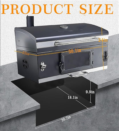 29In Built in BBQ Grills, Large Outside Charcoal Grill with BBQ Fork Kit Liftable Tray & Thermometer, Black Stainless Steel Barbecue Grill for Outdoor Kitchen Cooking Patio Camping Park Style
