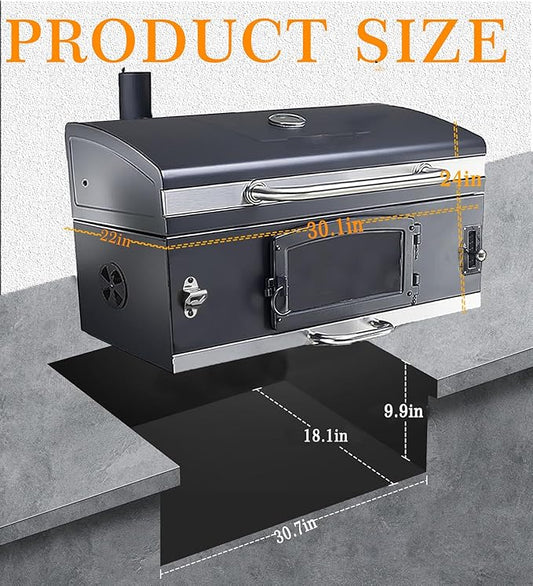 29In Built in BBQ Grills, Large Outside Charcoal Grill with BBQ Fork Kit Liftable Tray & Thermometer, Black Stainless Steel Barbecue Grill for Outdoor Kitchen Cooking Patio Camping Park Style