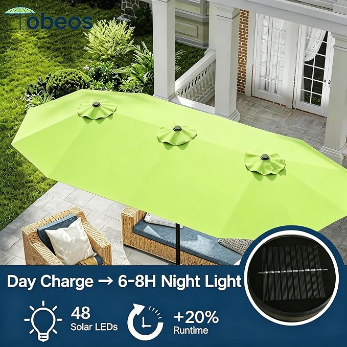 15ft Large Patio Umbrella with Solar Lights and Base, Double-Sided Outdoor Rectangle Umbrella with 48 LED Lights, Market Table Umbrellas with UV Resistant Canopy