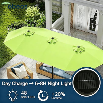 15ft Large Patio Umbrella with Solar Lights and Base, Double-Sided Outdoor Rectangle Umbrella with 48 LED Lights, Market Table Umbrellas with UV Resistant Canopy