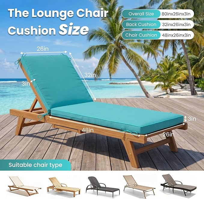 Chaise Lounge Cushions Outdoor, Water-resistant and Fade-Resistant Patio Lounge Chair Cushions, Furniture Replacement Cushions Ideal for Pools, Gardens and Balconies, 80" x 26" x 3",Lake Blue