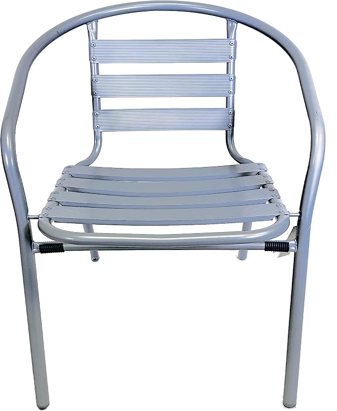 Gray Indoor Outdoor 23.75" Restaurant Stainless Steel Silver Aluminum + 4 Metal Slat Stack Lightweight, 4 Chairs with a Round Table