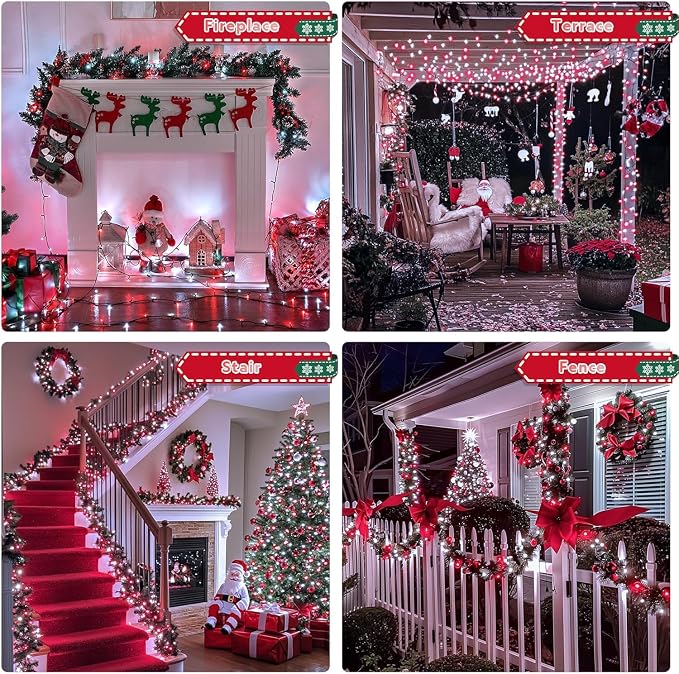 JMEXSUSS 200 LED Red and White Christmas Lights, 66ft String Lights Plug in | Connectable, 8 Modes, Green Wire Twinkle Christmas Lights for Tree Bedroom Mantel Fireplace Porch Yard Indoor Outdoor Decor
