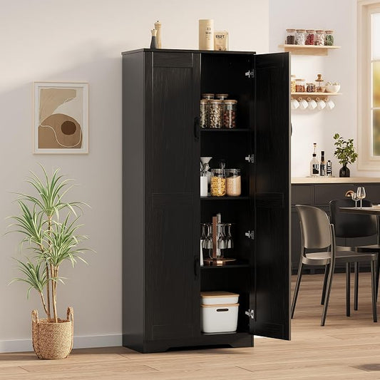 IDEALHOUSE 60" Tall Pantry Cabinet | Kitchen Storage Cabinet with 2 Doors & Adjustable Shelves, Wooden Cupboard for Bathroom，Dining Room, Living Room, Black