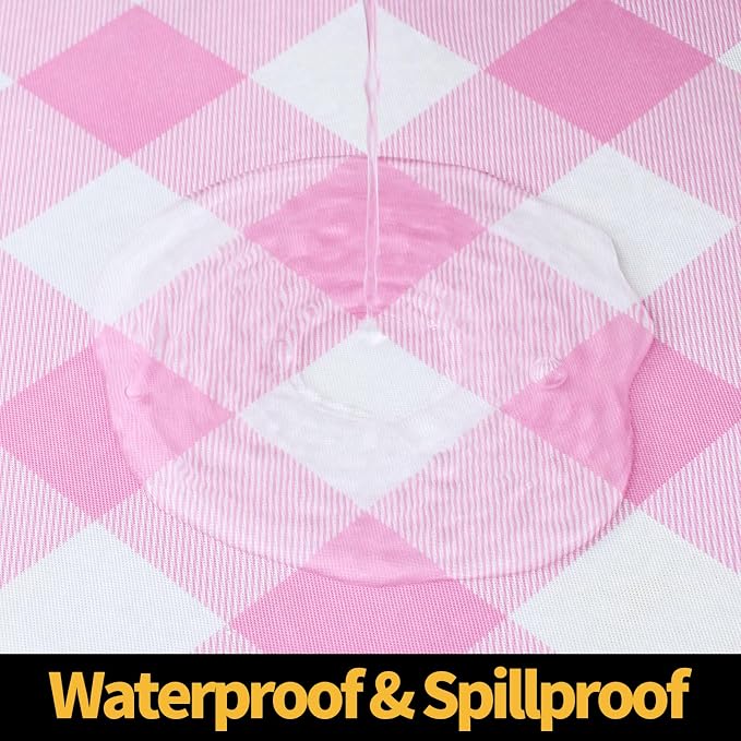 Smiry Rectangle Picnic Table Cloth, Elastic Waterproof Fitted Vinyl Tablecloths, Flannel Backed Buffalo Plaid Table Covers for Dining, Camping, Valentines (White and Pink, 30" x 72")