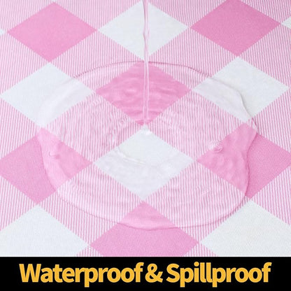 Smiry Rectangle Picnic Table Cloth, Elastic Waterproof Fitted Vinyl Tablecloths, Flannel Backed Buffalo Plaid Table Covers for Dining, Camping, Valentines(White and Pink, 30" x 96")
