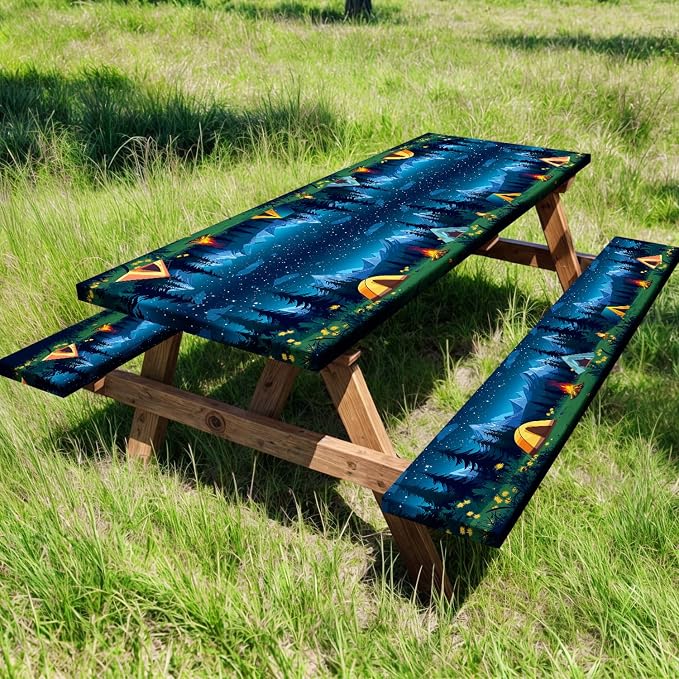 Camping Picnic Table Cover with Bench Covers, Camping Essentials, Forest Campfire Tent Flowers Outdoor Table Covers, Waterproof Windproof, Fitted Tablecloth Cover with Elastic Edge, 3 PCS, 30x96 Inch