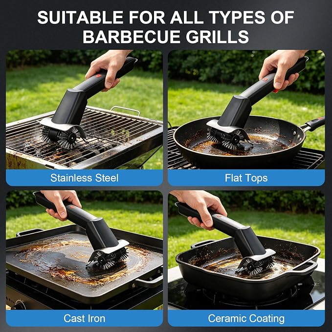Cordless Electric Grill Brush with Water Spray & LED Light, Rechargeable BBQ Grill Cleaner with High Torque Motor, Power Barbecue Scrubber for Stainless Steel Grates, Ceramic Plates, Cast Iron Pans