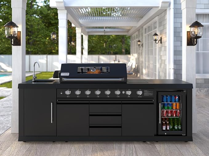 KoolMore Reserve Outdoor Kitchen Island with 6 Burner Grill and a Side Burner, Sink, Storage Cabinet, and Beverage Refrigerator, CSA Listed in Sleek Black