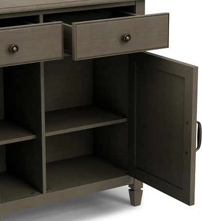 SIMPLIHOME Connaught 40" Wide Solid Wood Cabinet in Farmhouse Grey | Traditional slim entryway and living room organizer for hats, gloves, shoes and keys with space-saving storage design.