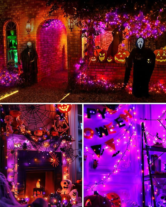 125 FT 380 LED Halloween String Lights, Outdoor Waterproof Black Wire with 8 Modes, Timer & Memory, Plug-in Halloween String Lights for Indoor Yard Tree Decorations, Purple & Orange