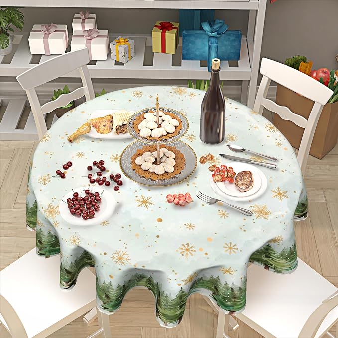 Sweetshow Winter Gold Snowflake Table Cloth Round Green Christmas Tree Tablecloth 60 Inch Winter Decor Washable Stain and Wrinkle Resistant Round Table Cover for Dining Party Picnic