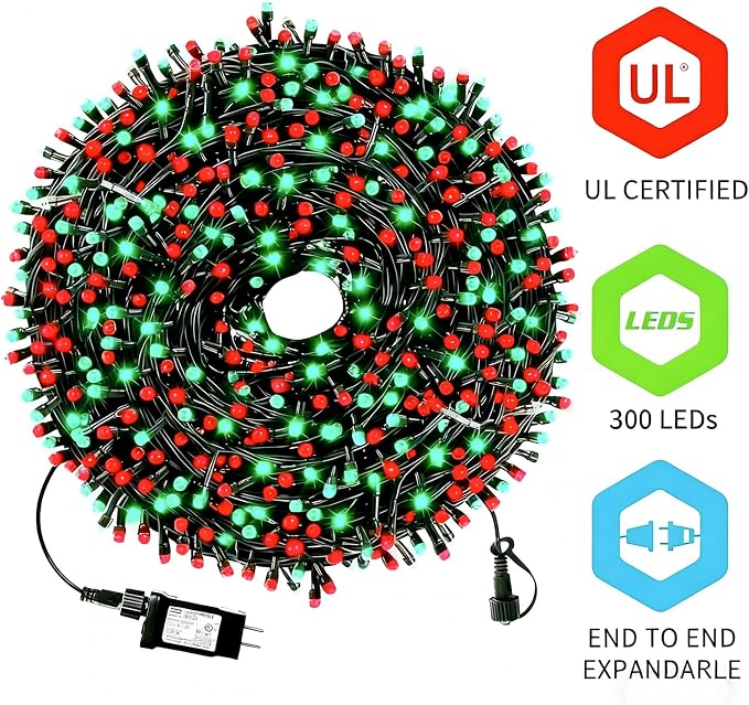 MZD8391 105FT 300LED Christmas Light, Christmas Tree Light, Red Green | Waterproof, 100% UL Listed, 8 Light Mode, Timer & Memory, 4 Set End To End Connect, LED Christmas String Light Outdoor Indoor