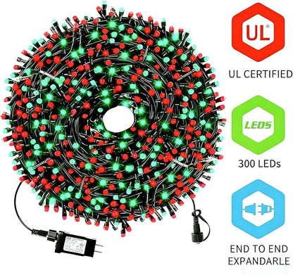 MZD8391 105FT 300LED Christmas Light, Christmas Tree Light, Red Green | Waterproof, 100% UL Listed, 8 Light Mode, Timer & Memory, 4 Set End To End Connect, LED Christmas String Light Outdoor Indoor