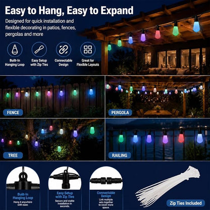 100FT Outdoor String Lights, 2x50FT RGBW Patio Lights, App & Remote | 2x50FT connected design with 40 ST48 milk white bulbs, RGBW color changing light, timer and music sync for large patio decor