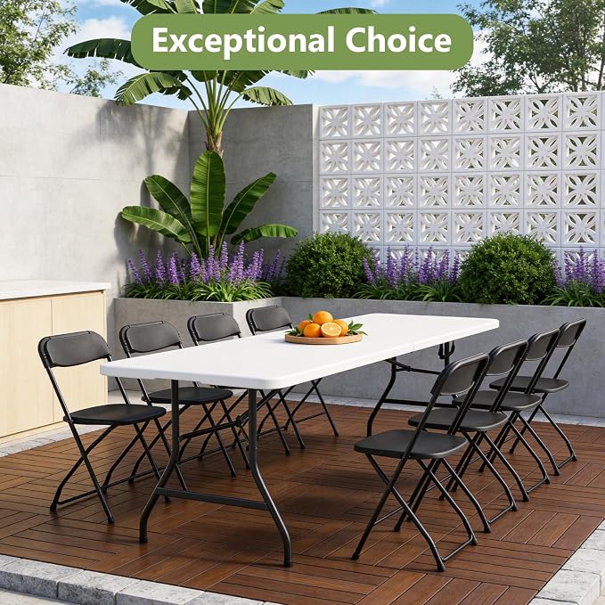 Folding Table, 8FT Foldable Picnic Table with Carrying Handle, Heavy Duty Fold-in-Half Portable Table for Weddings, Camping, RV Travel, Parties, BBQs, and Indoor Use, Easy to Fold and Store, White