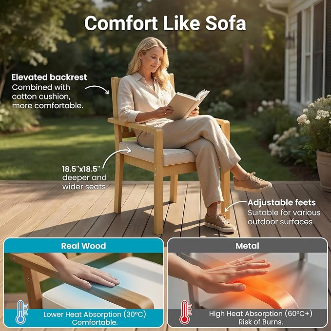 FansaFurn 7 Pieces Acacia Outdoor Patio Table and Chairs Set for All-Weather, Outside Furniture with Table Umbrella Hole and Removable Cushion for 6, Outdoor Patio Furniture Set for Garden, Brown