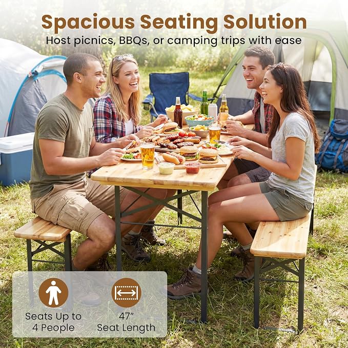 GIANTEX 47 Inch Folding Picnic Tables with Benches Set, Solid Wood Camping Beer Table Bench Set with Metal Frame, 3-Piece Portable Patio Dining Furniture, Indoor & Outdoor Folding Table and Chairs