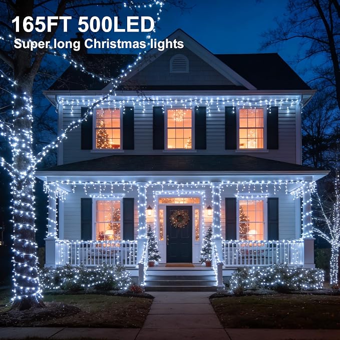 Cool White Christmas Fairy String Lights, 165FT 500L Indoor Outdoor | 8 Modes with Memory, IP65 Waterproof, Clear Wire, Tangle-Free Design for Classroom Bedroom Garden Wedding Party