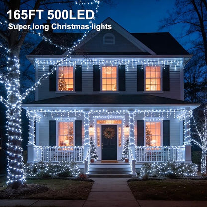 Cool White Christmas Fairy String Lights, 165FT 500L Indoor Outdoor | 8 Modes with Memory, IP65 Waterproof, Clear Wire, Tangle-Free Design for Classroom Bedroom Garden Wedding Party