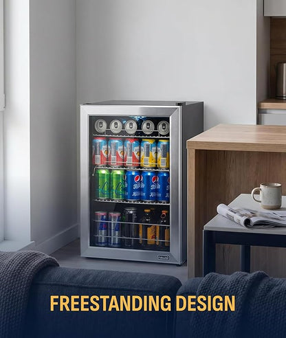 NewAir 90 Can Beverage Refrigerator | 17” Freestanding Small Mini Fridge for Bedroom, Home Bar or Office | Quiet Compressor Cooling & Adjustable Shelves | Stainless Steel