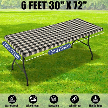 Smiry Picnic Table Cloth 2 Pack, Waterproof Elastic Fitted Tablecloths for 6FT Rectangle Tables, Washable Polyester Buffalo Plaid Tablecloth for Camping, Dining & Outdoor (Black & Beige, 30" x 72")