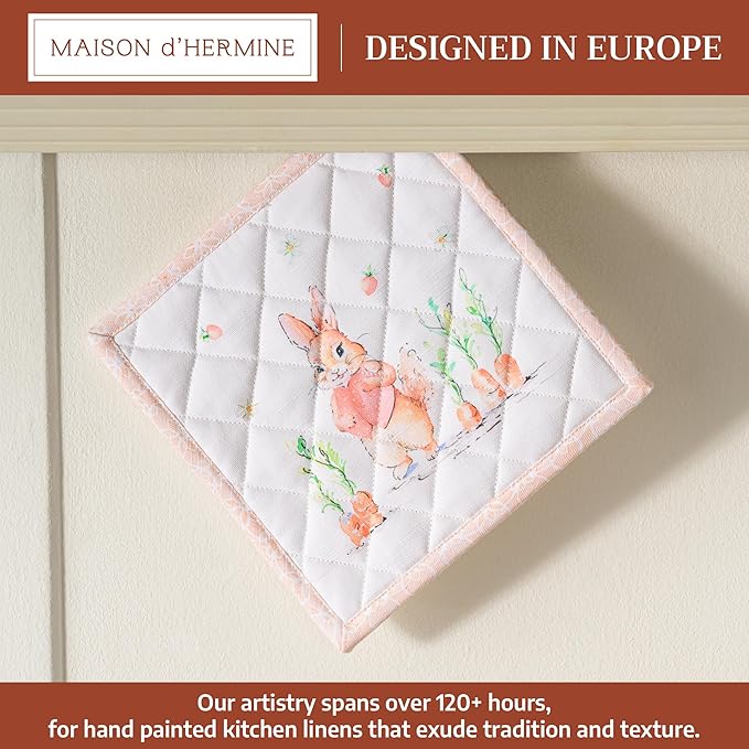Maison d' Hermine Pot Holders 100% Cotton Heat Resistant Potholders 8" x 8" Hot Pads with Loop BBQ Cooking Baking Hotel Farmhouse Kitchen Handling Hot Pans Spring Summer (Pack of 1, Bunny Party)