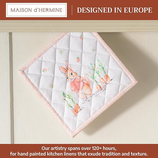 Maison d' Hermine Pot Holders 100% Cotton Heat Resistant Potholders 8" x 8" Hot Pads with Loop BBQ Cooking Baking Hotel Farmhouse Kitchen Handling Hot Pans Spring Summer (Pack of 1, Bunny Party)