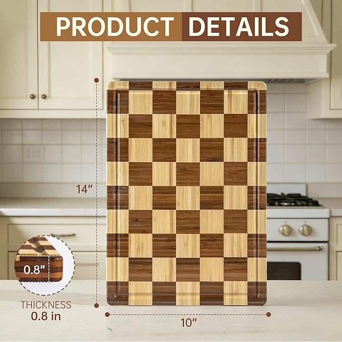 Bamboo Cutting Boards for Kitchen, Checkered Thick End Grain Wood Chopping Board with Juice Groove, Butcher Block for Meat, Bread & Fruit, Medium, 14"L x 10"W x 0.8"Th