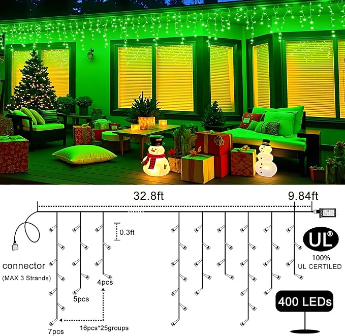 Icicle Lights for Outside 33FT 400 LED Green Christmas Lights | Connectable Icicle Christmas Lights Outdoor Waterproof 8 Modes Plug in for House Party Halloween Decoration