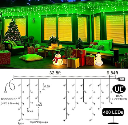 Icicle Lights for Outside 33FT 400 LED Green Christmas Lights | Connectable Icicle Christmas Lights Outdoor Waterproof 8 Modes Plug in for House Party Halloween Decoration