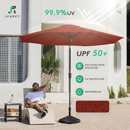 JEAREY Outdoor Patio Umbrella 9FT Outdoor Table Umbrella with Push Button Tilt and Crank, Market Umbrellas 8 Sturdy Ribs UV Protection Waterproof for Garden, Deck, Pool (Cherry Red)