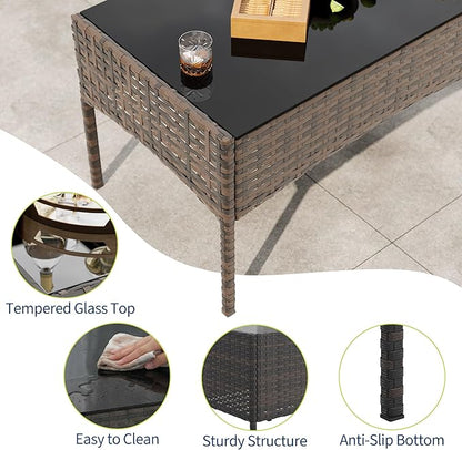 4-Piece Outdoor Furniture Set, PE Rattan Wicker Chairs with Soft Cushions & Tempered Glass Coffee Table - All-Weather Patio Set for Garden, Backyard, Porch, Poolside (Brown/Dark Blue)