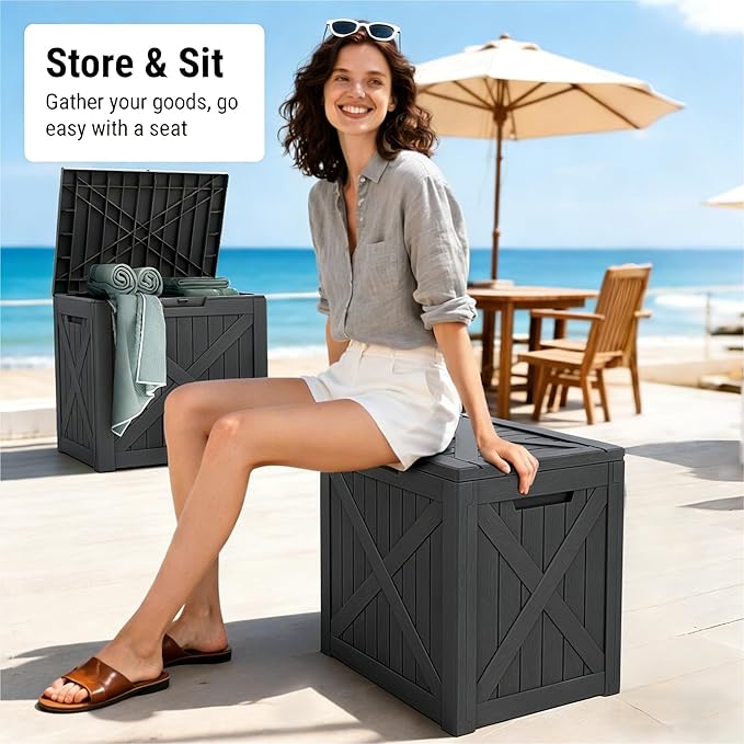 35 Gallon Outdoor Deck Box - Lockable Waterproof Storage Container, Resin Weatherproof Box for Patio Garden Furniture Pool Tools Cushions, Black