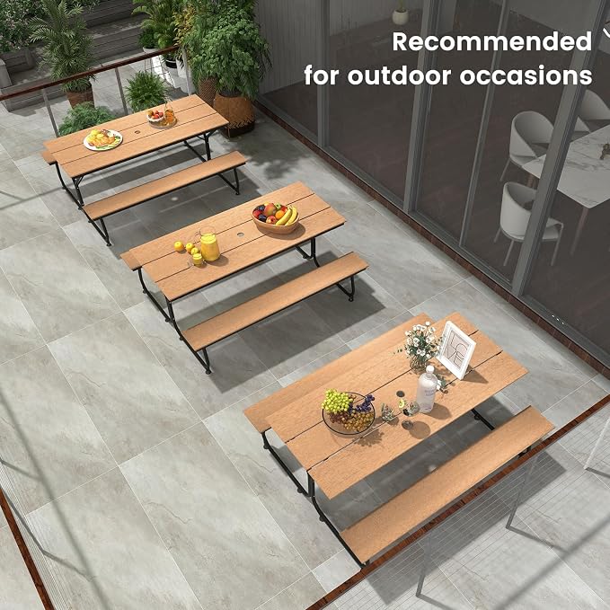 GIANTEX 6 FT Outdoor Picnic Table Bench Set for 6-8 People, 2400 LBS Capacity Patio Dining Table & 2 Benches with Metal Frame & HDPE, Balcony Conversation Set for Poolside Deck Garden (Brown)