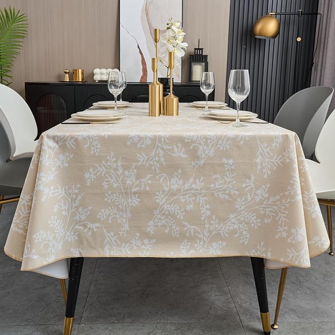 LIBERECOO Vinyl Tablecloth with Flannel Backing –Indigo Botanical Charm, Waterproof, Wipeable, Durable Table Cover – 4 Colors