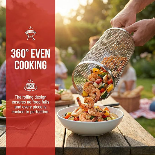 Rolling Grill Basket 2-Pack, Removable Wooden Handle, 304 Stainless Steel, BBQ Grill Accessories for Vegetables, Birthday Father Days for Dad, Husband, Men – Outdoor Kitchen Camping Grilling