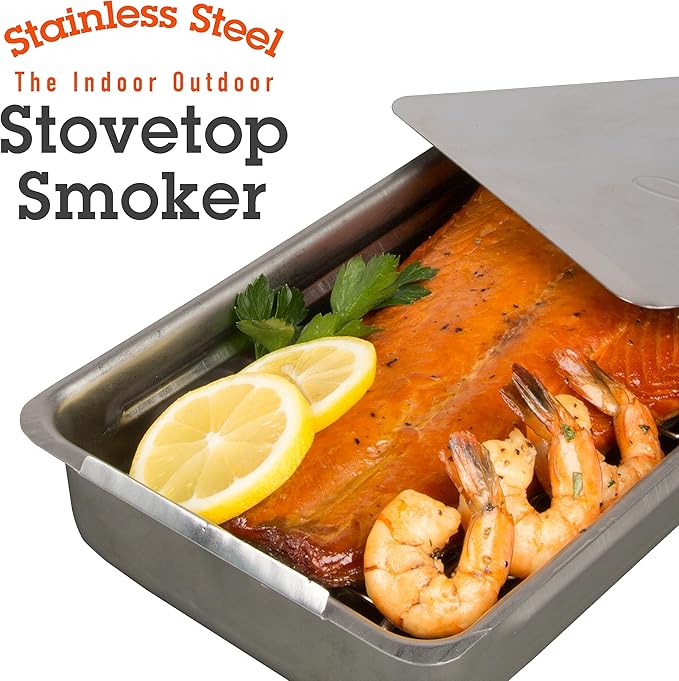 Camerons Indoor Outdoor Stovetop Smoker - Stainless Steel Barbecue Smoker Box w/Oak Wood Chips & Recipes - Works On Any Stovetop or BBQ Grill for Smoking Meats - Grilling Gift for Father's Day