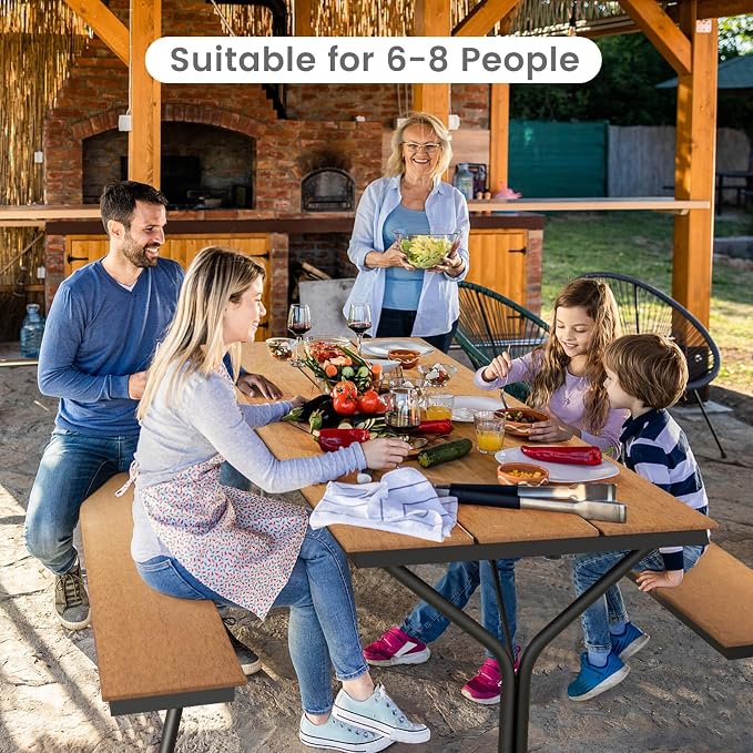 GIANTEX 6 FT Outdoor Picnic Table Bench Set for 6-8 People, 2400 LBS Capacity Patio Dining Table & 2 Benches with Metal Frame & HDPE, Balcony Conversation Set for Poolside Deck Garden (Brown)