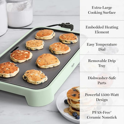 Martha Stewart 12"x 22" XL Electric Griddle, Ceramic Nonstick Flat Top | PFAS-Free Nonstick Grill, XL Cooking Surface for Pancakes & Eggs, Adjustable Temp Dial, Drip Tray, 1500W Heating, Honeydew