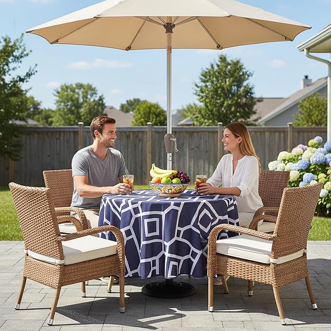 LUSHVIDA Moroccan Outdoor Round Tablecloth with Umbrella Hole and Zipper, 60 Inch Navy, Waterproof Wrinkle Free Table Cloth Decorative Fabric Washable Table Cover for Patio, Party, Picnic