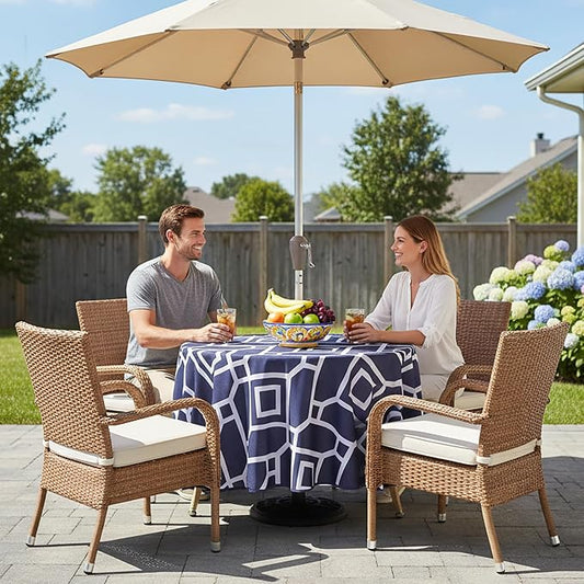 LUSHVIDA Moroccan Outdoor Round Tablecloth with Umbrella Hole and Zipper, 60 Inch Navy, Waterproof Wrinkle Free Table Cloth Decorative Fabric Washable Table Cover for Patio, Party, Picnic