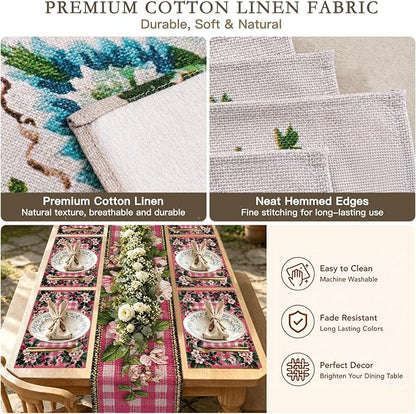 Nuxovilar Tablerunner and Placemats Set of 7 Pink Plaid with Floral Decor Linen Square Placemats for Dining Dining Sets and Accessories Brunch, Afternoon Tea, Ladies’ Gatherings