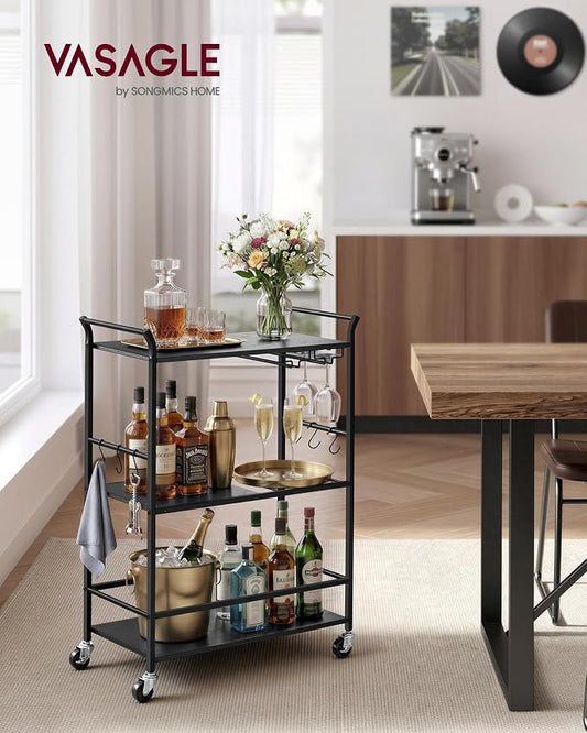 VASAGLE 3-Tier Bar Cart, Steel Serving Cart on Wheels with Wine Rack and Glass Holder, 25.4 x 12.6 x 33.7 Inches, Black, for Kitchen and Living Room, Barnet Collection ULRC200B101