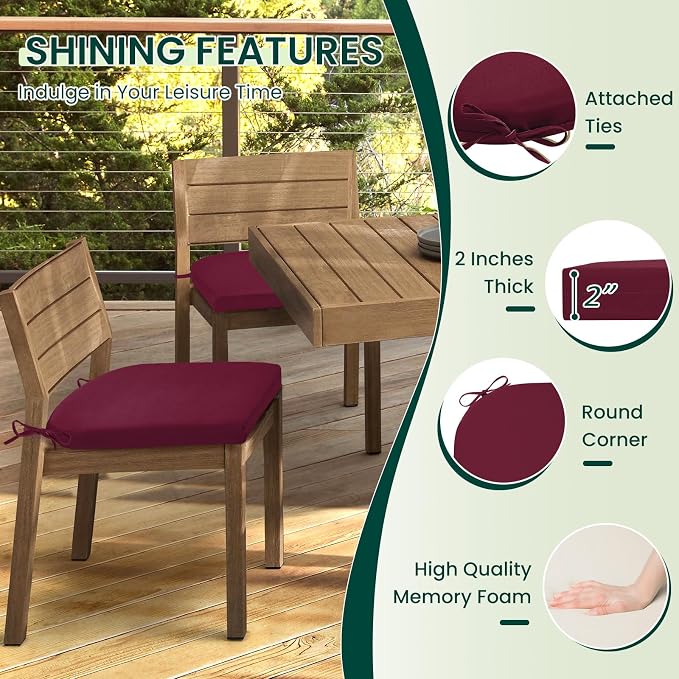 HARBOREST Outdoor Chair Cushions Set of 2, Water Resistant Patio Chair Cushions with Ties, Outdoor Seat Cushions for Patio Furniture, 17"x16"x2", Burgundy